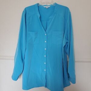 Travel Smith Button Up Shirt Womens Plus Size 2XL Tunic Long Sleeve Aqua Blue